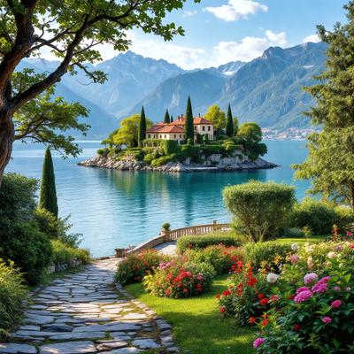 The primary subject of the image is a beautiful garden with a path leading to a house. The garden is filled with a variety of flowers, creating a vibrant and colorful scene. The setting is a picturesque landscape with a lake and mountains in the background, adding to the serene and idyllic atmosphere. The visual style of the image is a photo, capturing the natural beauty of the garden and the surrounding environment. The colors and mood of the image are predominantly warm and inviting, with the flowers and green